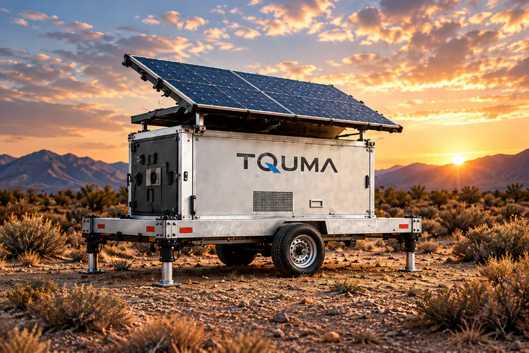 TQUMA mobile energy platform with unfolded solar panels in a remote landscape — concept illustration.